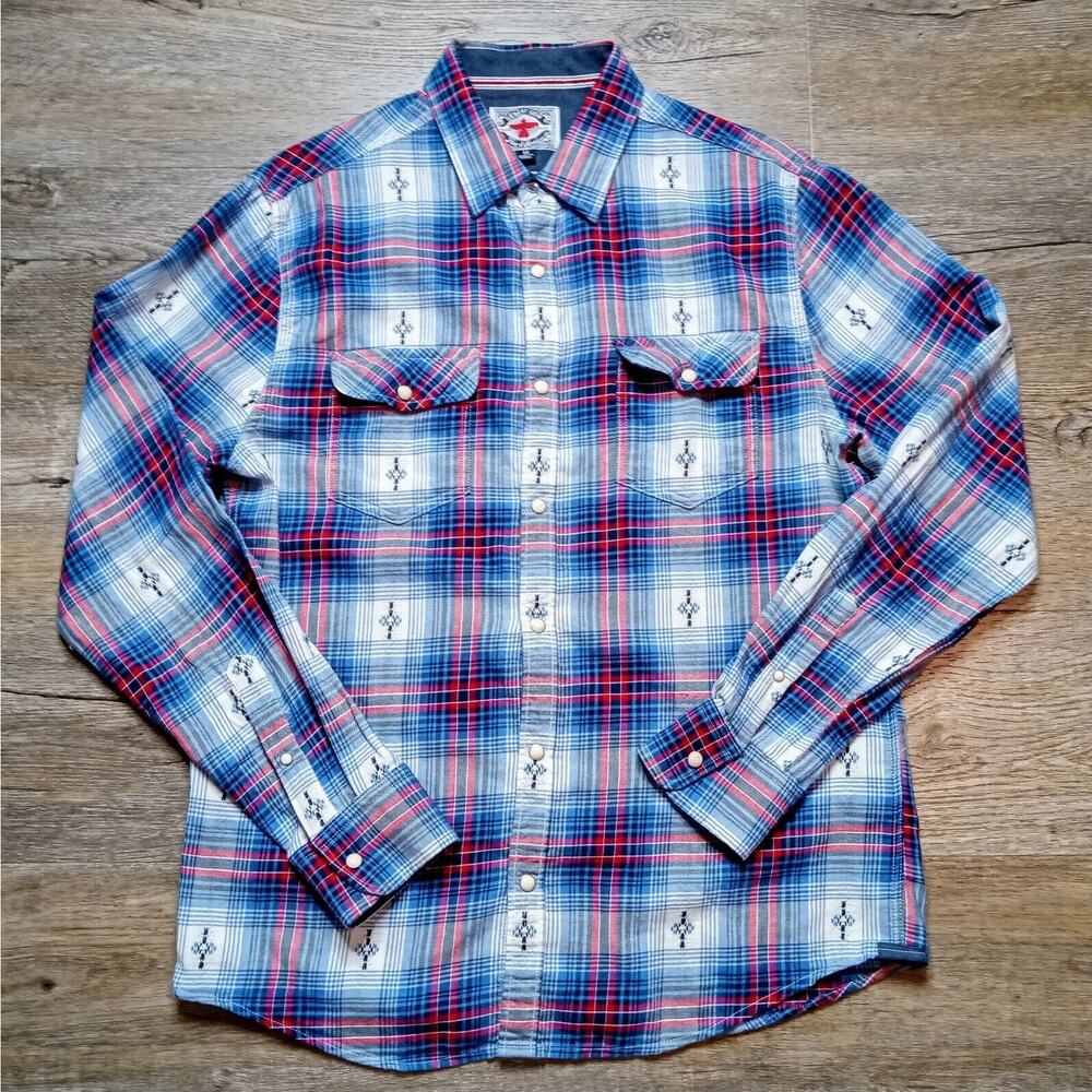 Desert Son Men's Button Western Red Blue Plaid Long Sleeve Pearl Snap Shirt SZ M